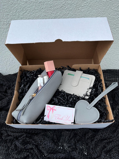 Personalized Grey Leather Gift Set for Mom: Custom Genuine Leather Handbag Matching Card Holder,Mini Makeup Bag  Heart Bag Charm