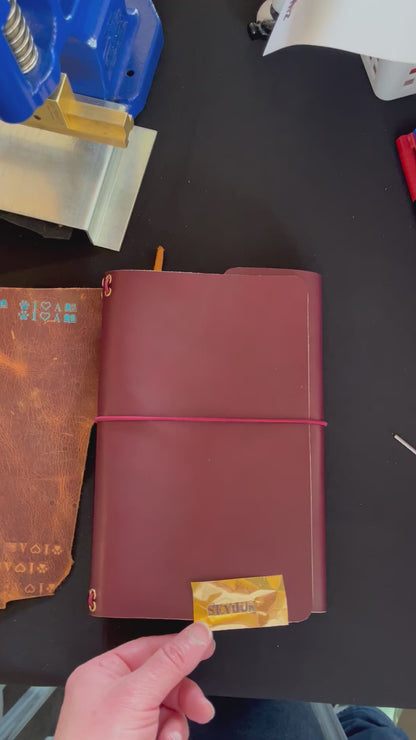 Personalized Burgundy Genuine Leather A5 Journal Cover with Lace Bow, Planner Sleeve, Custom Initials Agenda Bag