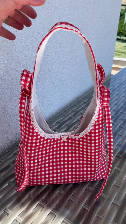Custom Handmade Red Gingham Bow Hobo Bag with Lace